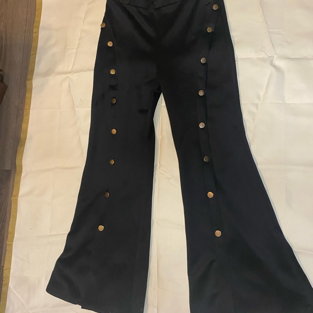 Black Wide-Leg Pants with Gold Buttons